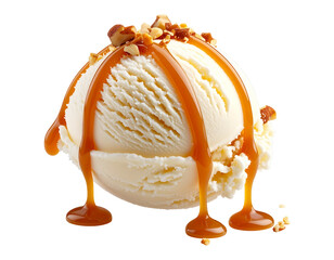 Scoop of vanilla ice cream with caramel drizzle and nuts, PNG
