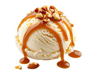 Scoop of vanilla ice cream with caramel drizzle and nuts, PNG