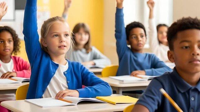 Elementary students raising hands in classroom, eager to answer. Diverse children studying, learning lessons, asking questions. Education, back to school, teaching, school kids concept.