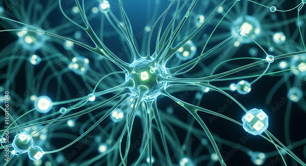 Poster a detailed close up of a neuron network with glowing nodes and interconnected pathways in blue hues