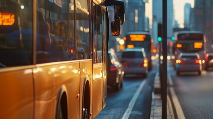 public transport buses stuck in traffic jam, commuters inside, busy downtown backdrop, street life detail