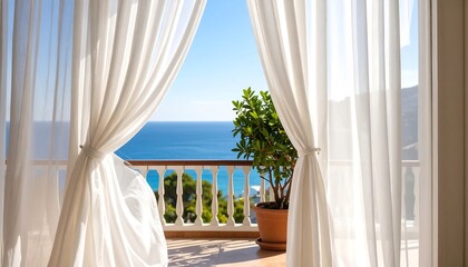 Ocean view through sheer curtains