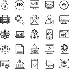 Collection of digital marketing and seo icons silhouette isolated on transparent background