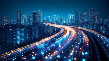 Fototapeta premium Illuminated city streets at night, showcasing a highway's motion.