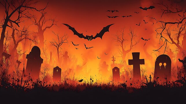 Halloween graveyard scene with fiery orange background.