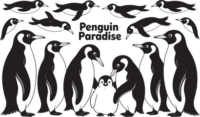 Obraz premium Black and white penguins swimming and standing vector