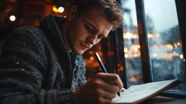 Rainy Day Reflections: Young Man Writing in Journal by Window