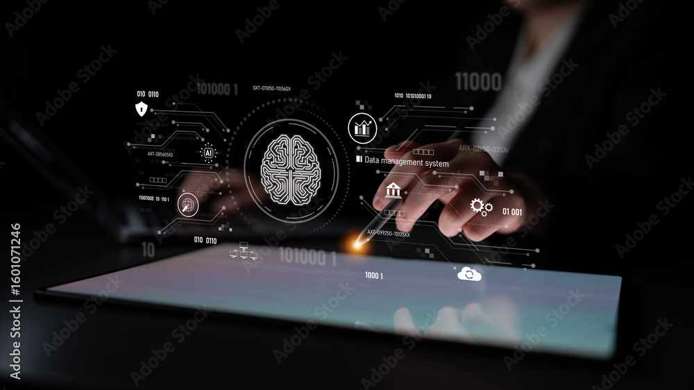 Poster ai data management system for digital analysis, with ai, data, and system repeating for better seo t