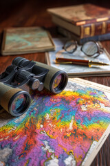 A regional wildlife habitat map overlaid with colorful migration patterns displayed beside binoculars and ecological guides.