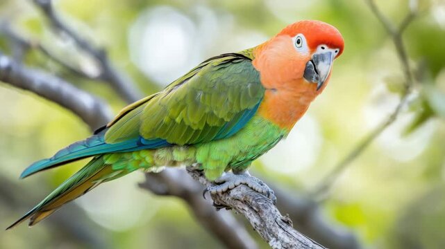 Beautiful Peach-Fronted Parakeet perched on a tree branch in natural habitat outdoor with blur