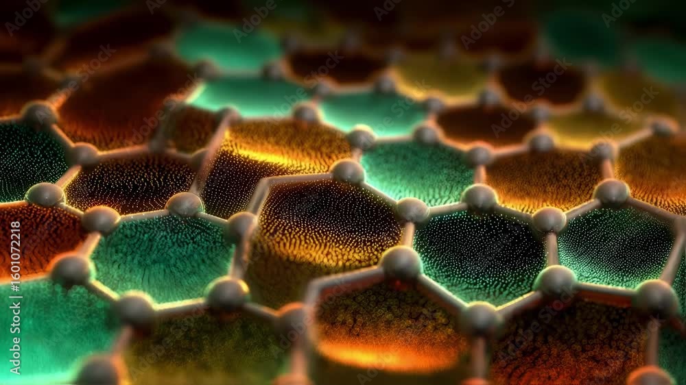 Poster microscopic view of a hexagonal molecular structure creating a colorful and textured pattern, showca