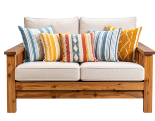 Handcrafted Rustic Wooden Sofa with Beige Cushions and Striped Throw Pillows, Front View, Isolated on Transparent Background