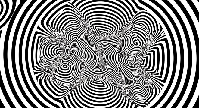 Abstract black and white optical illusion with concentric circles and distorted patterns forming a flower shape