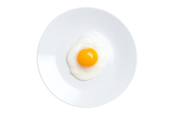 a fried egg on a white plate on a white background