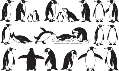 Fototapeta premium Diverse penguins in various poses and interactions birds wildlife