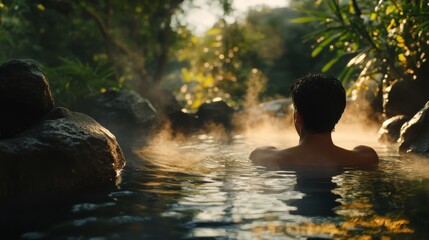 Fototapeta premium relaxing person soaking in a natural hot spring, surrounded by rocks and greenery, steam rising, peaceful atmosphere, cinematic lighting