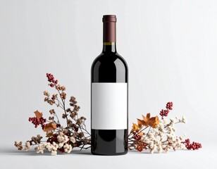Still life of dark wine bottle with blank label and dried flowers on a white background studio shot