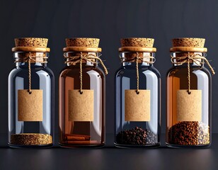 Four glass jars with cork stoppers and labels containing spices and seeds on a dark background