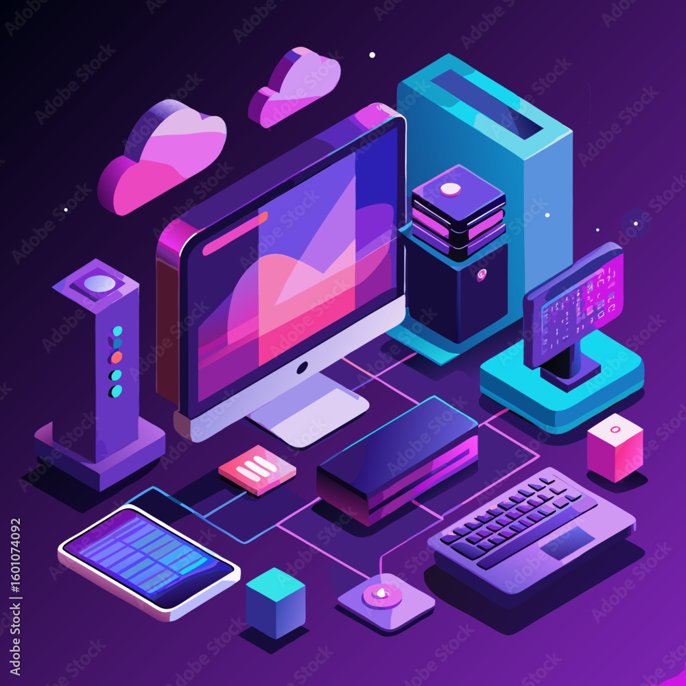 Poster modern isometric technology setup with computer servers and devices in vibrant neon colors