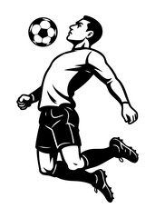 Fototapeta premium Black and white SVG of a male soccer player jumping for a header. Cutout silhouette perfect for sports vector designs.