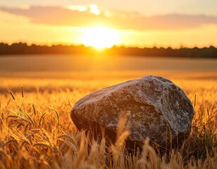 A large rock sits in a wheat field at sunset with a golden glow over the landscape and horizon line