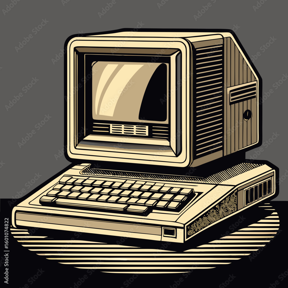 Poster retro personal computer with a beige monitor and keyboard on a striped surface
