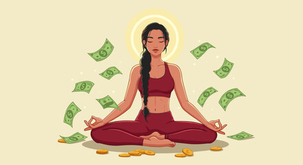 Meditating woman with money raining down in a serene setting