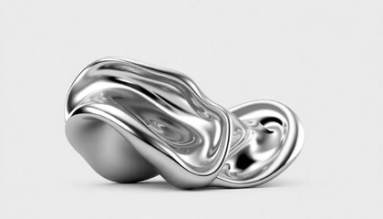Abstract metallic sculpture with flowing organic curves and a polished silver surface on a neutral...