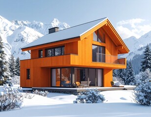 Modern wooden house nestled in a snowy landscape with mountains in the background on a sunny day scene