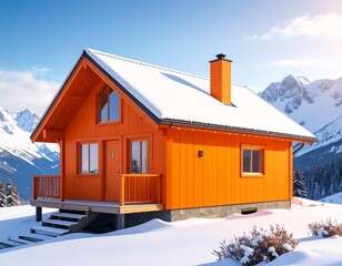 Orange cabin in snow covered landscape with mountains and blue sky on a sunny winter day