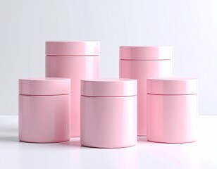 Five pink cylindrical containers with lids arranged on a white surface in a studio setting