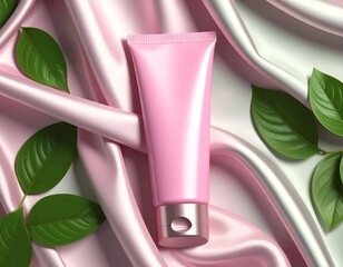 A pink tube of cream resting on a pink satin cloth with green leaves scattered around it in soft lighting