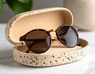 Close up of tortoise shell sunglasses in speckled case on a white marble surface indoor studio shot
