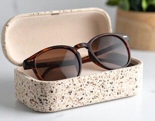 Tortoiseshell sunglasses resting inside a speckled case with a plant in the background on a table