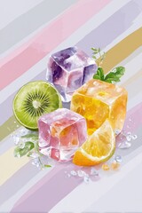  three different icons Lime Kiwi drink ice cube, unique original look, background is clean, diagonal stripes from light pink to light gray 
