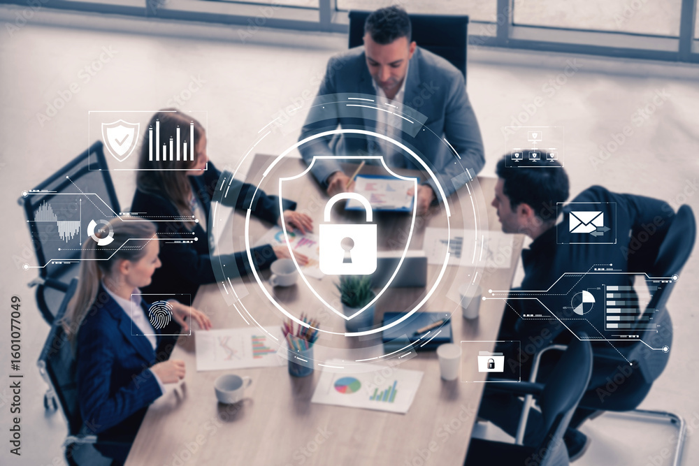 Poster cyber security protects against breaches, hacks, and network attacks using strong infrastructure and
