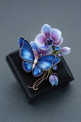 Jewelry art design brooch with precious stones, orchid flower and huge exotic butterfly
