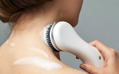 Exfoliating Brush for Skin Care | Woman Cleansing Her Neck with Electric Brush for Spa & Wellness