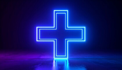 Fototapeta premium Neon plus sign on a dark reflective surface