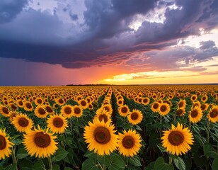 A vast sunflower field under a dramatic sky with dark clouds and a vibrant sunset at the horizon line
