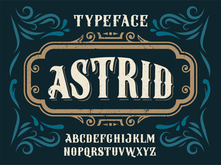 Stylized vintage typeface named Astrid in bold distressed letters with ornate frame and floral elements, displayed on a dark background. Vector illustration