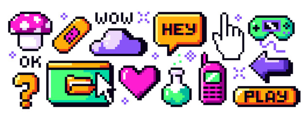 Set of colorful pixel art icons including speech bubbles, heart, gamepad, cursor, and retro phone in 8-bit style. Concept of digital nostalgia. Set of vector illustrations isolated on white background