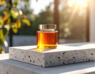Golden liquid in a glass jar with a silver lid on a speckled stone surface in a bright outdoor setting