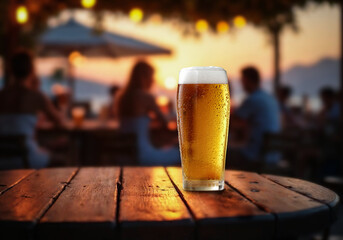 Glass of cold beer on rustic wooden table with copy space in pub. Background of blurred people sitting outdoor at sunset, warm, moody atmosphere. Summer and vacation vibes.