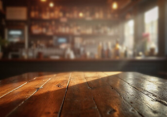 Empty rustic wooden table with copy space in pub. Background of softly blurred bar counter and wall lined with shelves of liquor bottles, creating a warm, moody atmosphere.