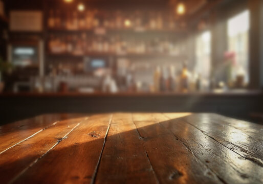 Empty rustic wooden table with copy space in pub. Background of softly blurred bar counter and wall lined with shelves of liquor bottles, creating a warm, moody atmosphere. 