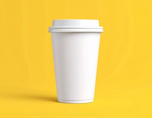 A white coffee cup with a lid on a yellow background in a studio shot with soft lighting effect