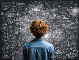 A person contemplating complex scientific and mathematical ideas on a chalkboard background