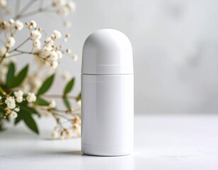 A white roll on deodorant bottle displayed against a backdrop of delicate white flowers and green leaves