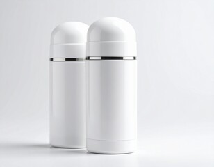 Two white thermos bottles with silver accents standing on a white surface in a studio setting